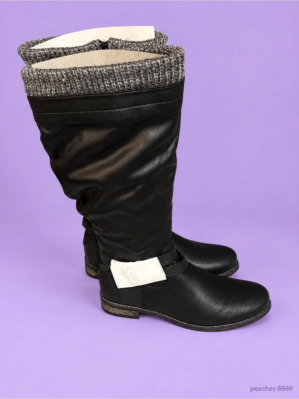 Gorgeous Wide calf Black Knee-high Boots with Gray Knit Cuff